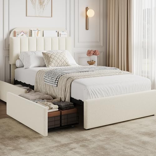 GarveeHome Twin Bed Frame, Platform Bed with Storage Headboard & Drawers | Boucle Upholstered Bed Frame for Kids, Bookcase Headboard, No Box Spring Needed, Easy Assembly, Ivory White - color: Ivory White, size: Twin