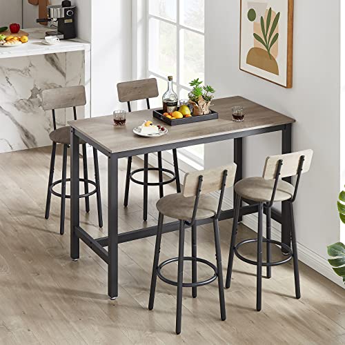 KIVENJAJA Bar Table and Chairs Set for 4, 5-Piece Rectangle Pub Bistro Table and PU Upholstered Stools with Backrest, Counter Height Dining Table Set for Kitchen Breakfast Nook Restaurant, Grey - color: Grey, size: 5pcs-Rectangular Table