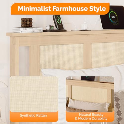 VINGLI Rattan Twin Bed Frame with Headboard,Boho Bed Frame with Underbed Storage and Charging Ports for Bedroom,Solid Wooden Slats Support,Noise-Free,Natural - size: Twin