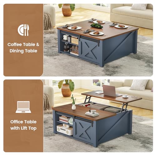 SEDETA 31.5" Lift Top Coffee Table with Storage, Square Coffee Tables for Living Room, Farmhouse Coffee Table with Large Hidden Storage Compartment and Adjustable Shelves, Blue - color: Blue