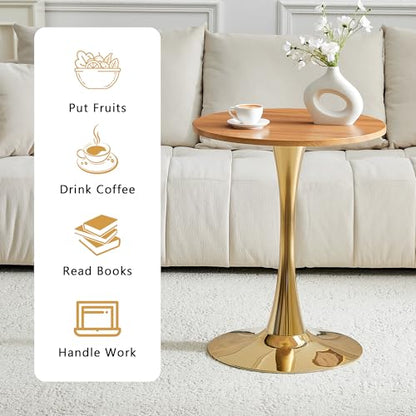 23.6" Round Dining Table, Mid-Century Modern Tulip Table with Thickened Tabletop & Metal Pedestal, Circle Bistro Table for Kitchen, Small Places, Apartments, Cafe - color: Wood Gold, size: 23.6" dining table