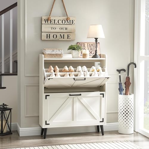 Barnyatoh Shoe Storage Cabinet with 2 Flip Drawers,Hidden Shoe Organizer | Farmhouse Freestanding Narrow Slim Shoes Rack Cabinet with Adjustable Shelves for Entryway Hallway,Antique White - color: Antique White