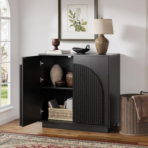 win2win 31.5" Small Buffet Cabinet with Storage, Arched Doors, Black, 1PCS | Modern Console Cabinet for Dining Living Room Kitchen Entryway, Modular Accent Cabinet, Credenza with Wood Grain, Fluted - color: Black