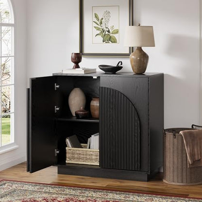 win2win 31.5" Small Buffet Cabinet with Storage, Arched Doors, Black, 1PCS | Modern Console Cabinet for Dining Living Room Kitchen Entryway, Modular Accent Cabinet, Credenza with Wood Grain, Fluted - color: Black