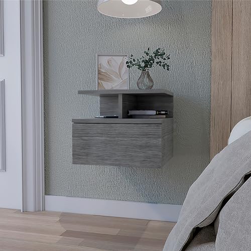 FM FURNITURE Floating Nightstand with Drawer and 2 Tier Shelf, Wall Mounted Bedside Table, Space Saving End Table for Bedroom, Smokey Oak, 14" Wide - color: Smokey Oak