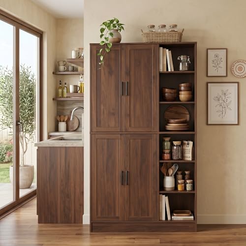 holzart 63" Tall Kitchen Pantry Cabinet, Freestanding Dining Room Storage Hutch with 4 Doors and Adjustable Shelves, Modern Utility Cupboard for Coffee Bar and Microwave, Brown - color: Brown