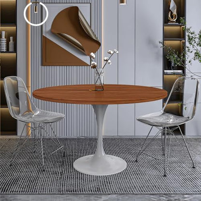 LeisureMod Verve Mid-Century Modern Dining Table with a 48" Round MDF Tabletop and White Steel Pedestal Base for Kitchen and Dining Room (Cognac Brown) - color: Cognac Brown Wood, size: 48 inch Wide