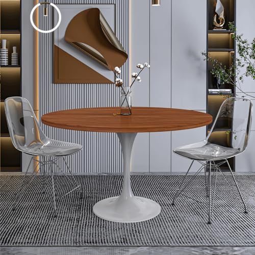 LeisureMod Verve Mid-Century Modern Dining Table with a 48" Round MDF Tabletop and White Steel Pedestal Base for Kitchen and Dining Room (Cognac Brown) - color: Cognac Brown Wood, size: 48 inch Wide