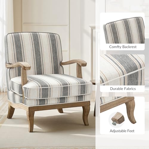 HULALA HOME Farmhouse Striped Accent Chair with Solid Wood Legs, Dark Grey | Comfy Upholstered Patterned Armchair with Curved Armrests, Removable Cushion, for Living Room Bedroom Reading - color: Dark Grey