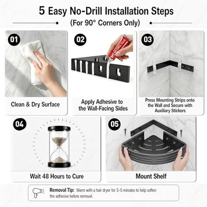 Adhesive Corner Shower Caddy 2-Pack, No Drill, Easy to Install | Rust-resistant aluminum shower shelves in matte gray for 90-degree corners only. Use together or separately.