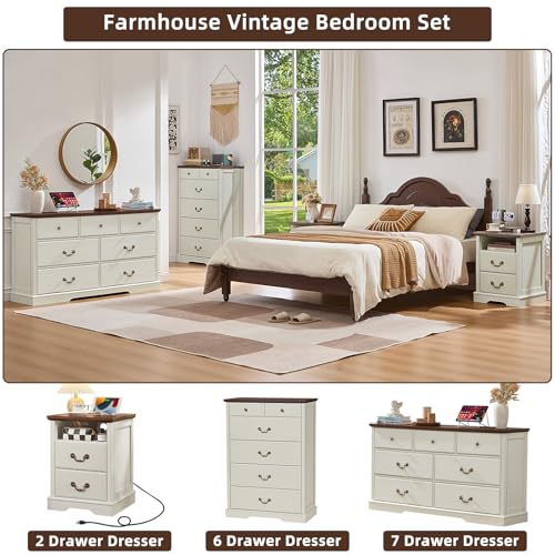 Farmhouse Night Stand with Charging Station, White | 2 Drawers End Tables Bedroom, Bedside Table with Rustic Handles & Floor-Standing Thickened Foot & Open Shelf - color: White, size: 18"D x 18"W x 24"H (2 Drawers)