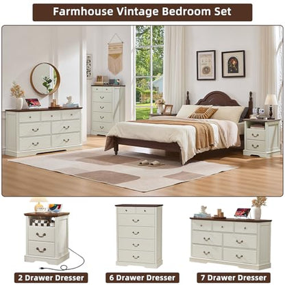 Farmhouse Night Stand with Charging Station, White | 2 Drawers End Tables Bedroom, Bedside Table with Rustic Handles & Floor-Standing Thickened Foot & Open Shelf - color: White, size: 18"D x 18"W x 24"H (2 Drawers)