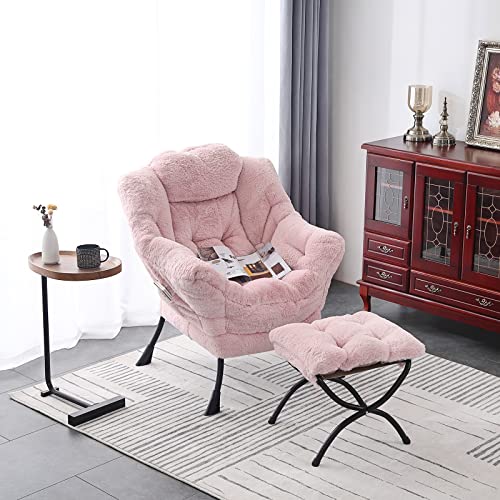 Lazy Chair with Ottoman, Comfy Accent Reading Chair, Plush Pink | Foldable Footrest,Removable Cover,with Armrests and Side Pockets,Upholstered Lounge Chair for Bedroom,Dorm,Office,Small Space - color: Plush Pink