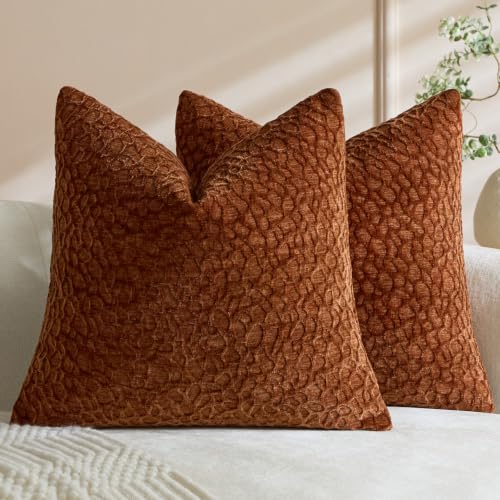 Set of 2 Rust Orange Chenille Throw Pillow Covers 18x18 Inch, Terracotta Raised Textured Decorative Pillow Cases Fall Thanksgiving Boho Farmhouse Decor for Living Room - color: Terracotta Orange, size: 18" x 18" (Pack of 2)