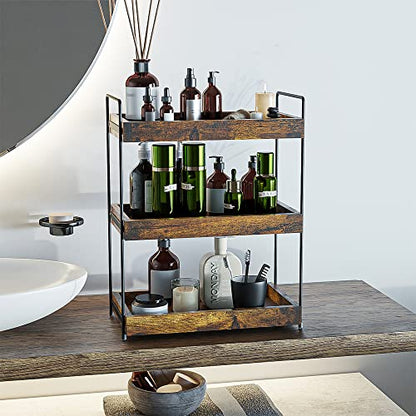 3-Tier Wood Bathroom Counter Organizer, Kitchen Spice Rack | Multi-use Vanity Shelf, Holds Skincare, Makeup, Perfume, Seasoning, Fits Sink, Dresser, Countertops - size: 3 Tier