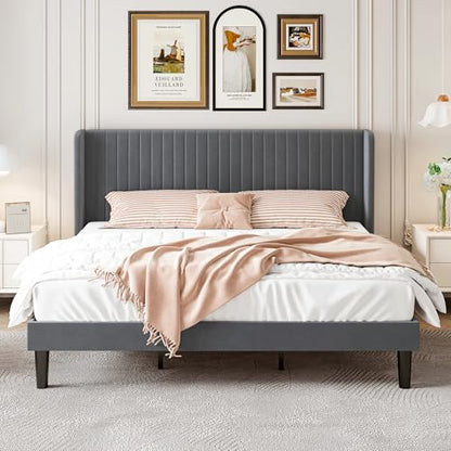 SHA CERLIN King Size Velvet Bed Frame, Tufted Wingback Headboard, Grey | 47'' Modern Vertical Channel Headboard, Upholstered Platform Bed, Wood Slats, No Box Spring Needed, Easy Assembly, Noise Free - color: Grey, size: King