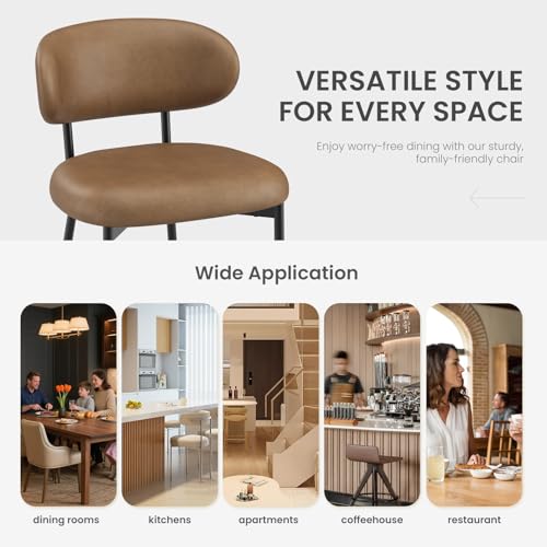 Upholstered Dining Chairs Set of 2, Modern Faux Leather Kitchen Chairs with Curved Backrest and Cushioned Seat, Sturdy Metal Legs, Modern Dining Chairs for Kitchen Dining Room,Living Room,Brown - color: Brown, size: Set of 2