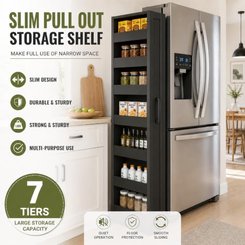 Tall Narrow Storage Cabinet, 71 Inch Tall, 8 Inch Wide, Black | 7-Shelf Slim Pull-Out Organizer with Wheels for Small Spaces, Kitchen, Bathroom, Laundry Room and Narrow Gaps - color: D-black