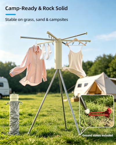 Foldable Tripod Clothes Drying Rack for Balcony, Hotel, Apartment, Bedroom | Portable Drying Rack Clothing Laundry Drying Rack for Travel, Camping with 3 Tent Pegs. Steel Frame with 12 Clips, Windproof