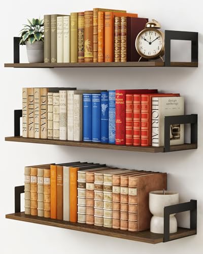 Harwaya Floating Book Shelves for Wall 3-Pack, 24 Inch Long Wall Mount Bookshelf for Bedroom, Rustic Farmhouse Wood Hanging Bookshelves for Living Room Office Books Plants (Dark Brown) - color: Rustic Brown, size: 24 x 8 Inch