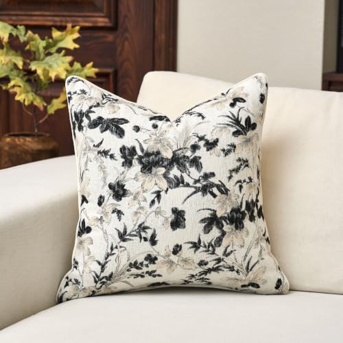 Vintage Floral Pillow Cover 20 x 20 Inches, Nature Chenille Square Throw Pillow Cover Soft Luxury Neutral Accent Couch Pillow Cover for Living Room Bedroom, Black - color: Black, size: 20" x 20" (Pack of 1)