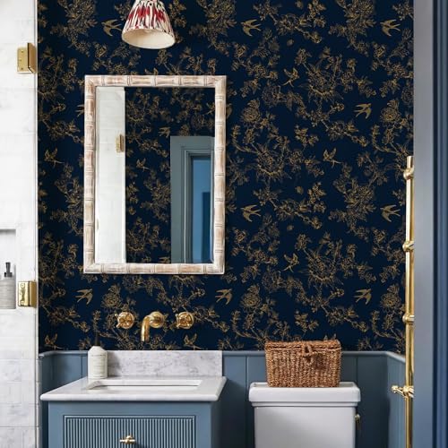 Simon&Siff Dark Blue and Glod Vintage Floral Birds Peel and Stick Wallpaper | 480" x 17.3" Removable Self Adhesive Waterproof Contact Paper, Renter Friendly Wall Paper for Cabinets, Furniture, DIY Decor - color: Dark Blue and Gold, size: 17.3" x 480"