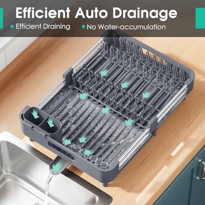 TOOLF Expandable Dish Drying Rack with Cutlery Holder, Standard, Grey | Over or In Sink Stainless Steel Dish Drainers for Compact Kitchen, Space Saving, Fast Drain, Rustproof, For 1-3 people - color: Gray