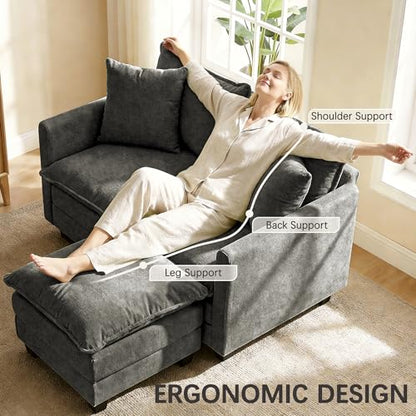 52" Loveseat Sofa, L-Shaped Cloud Love Seat Couches with Ottoman | Comfy Chenille Modern Love Seat with 2 Pillows, Small Loveseat for Small Spaces, Living Room, Bedroom, Apartment,Grey, 52" L - color: Grey, size: 52" L