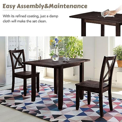 3Pcs Dining Set with Drop Leaf Dining Table and 2 X-Back Chairs, Solid Wood Kitchen Table Set for Small Place, Espresso - color: Espresso