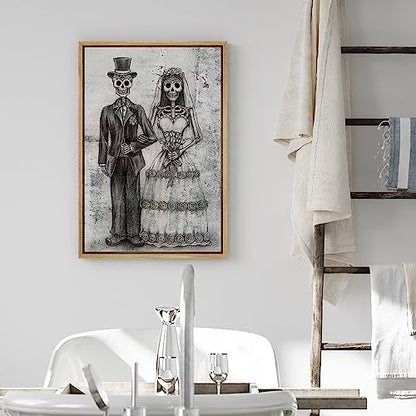 wall26 - Framed Canvas Print Wall Art - Wedding Photo with a Skull Couple - Gallery Wrap Modern Home Art | Ready to Hang - 16"x24" Natural - color: Artwork - 26, size: 24"L x 16"W