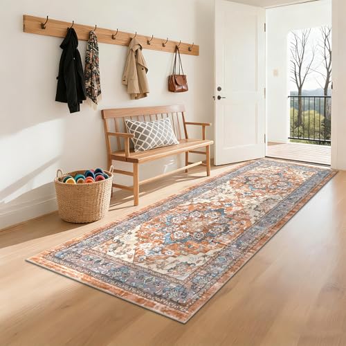 Bsmathom Washable Runner Rug 3x6, Floral Non Slip Boho Hallway Runner Rug with Rubber Backing, Low Pile Faux Wool Distressed Carpet for Kitchen, Laundry, Bedroom, Entrance - color: Brown Red, size: 3' x 6' (Runner)