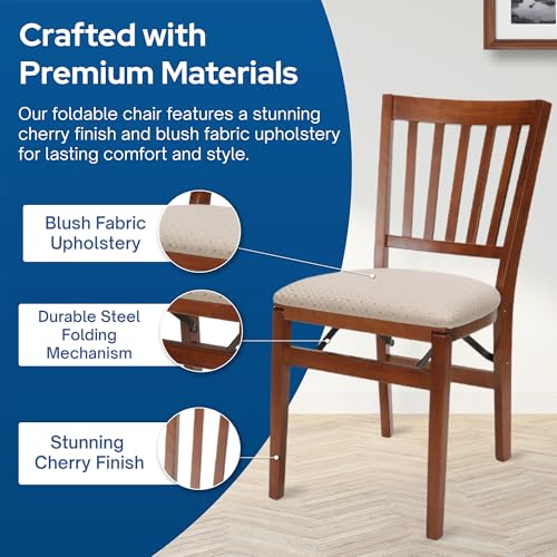 Stakmore Premium Solid Wood Dining Table Compact Folding Chair Set with Blush Fabric Padded Upholstered Seat, Fruitwood (Set of 2) | Compact Folding Chair Set with Blush Fabric Padded Upholstered Seat for Indoor Use - color: Fruitwood