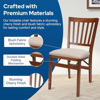 Stakmore Premium Solid Wood Dining Table Compact Folding Chair Set with Blush Fabric Padded Upholstered Seat, Fruitwood (Set of 2) | Compact Folding Chair Set with Blush Fabric Padded Upholstered Seat for Indoor Use - color: Fruitwood