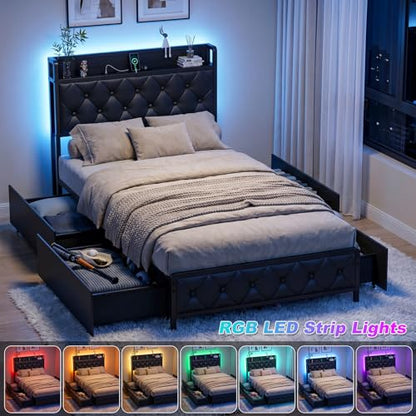 Twin Bed Frame with Button Headboard, PU Leather, All-Metal Support Platform LED Light Strip Twin Bed with Storage and Charge Station, Easy to Install, Stable, Noise-Free (Black) - color: Black