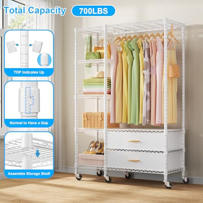 F3R Heavy Duty Clothes Rack（With Lockable Wheels）Freestanding Clothing Racks for Hanging Clothes，Adjustable Closet Organizer System，Portable Garment Rack 40"W x 15"D x 74"H，Max Load 700LBS，White - color: White, style: Rolling