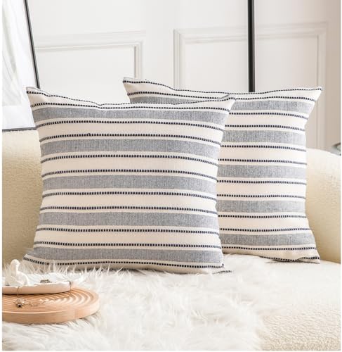 Cethom Decorative Boho Throw Pillow Covers, Farmhouse Textured Pillow Case, 20 x 20 Inch Set of 2, Chair Sofa Bedroom Living Room Decor Couch Cushion Case, Navy Blue and Beige Striped - color: Navy Blue, size: 20" x 20" (Pack of 2)