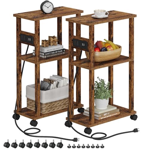 TUTOTAK Small Narrow Side Table, Set of 2 Skinny End Table | for Small Spaces, Slim Nightstand with USB Ports and Outlet,Sofa Beside Table with Wheels, Rustic Brown TB01BB047C - color: Rustic Brown, size: 2 PC, style: With Plug