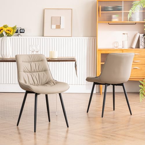 Kidol & Shellder Dining Chairs Set of 2, Faux Leather Upholstered Kitchen Chairs with Metel Legs, Mid Century Modern Side Chair for Dining Room, Living Room, Lounge, Restaurant, Khaki - color: Tan