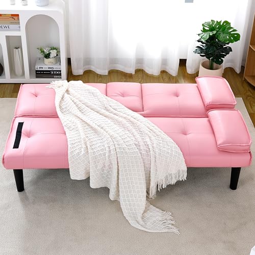 67" Futon Sofa Bed, Convertible Leather Futon Couch (Pink) | Sleeper Bed Couches with Adjustable Backrest, Cup Holders, Comfy Folding Loveseat Couch for Small Spaces Living Room Office - color: Pink
