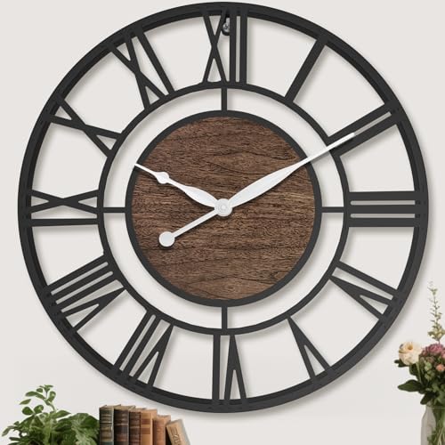 24 Inch Modern Decorative Metal Wall Clock with Big Black Roman Numerals Large Wall Clocks for Living Room Decor, Bedroom, Kitchen, Office,Housewarming Gift - color: Black Walnut, size: 24 inch