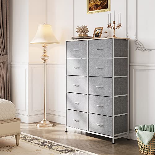 WLIVE Tall Dresser for Bedroom with 10 Fabric Drawers, Light Grey | 10 Drawers, Fabric Dresser for Closet, Storage Tower with Cabinet, Metal Frame - color: Light Grey