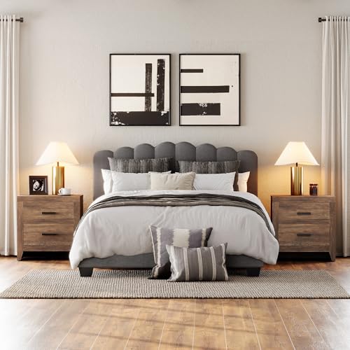 WAMPAT Nightstands Set of 2 with 2 Large Drawers, Wooden Bedside Tables with Storage for Bedroom, Farmhouse Rustic End Tables, Brown - color: Brown