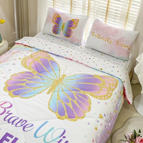 Cokouchyi Twin Size Comforter Set for Girls, 5-Piece Bed in a Bag, 3D Colorful Butterfly Bedding Comforter Sheet Set, Ultra Soft and Fluffy, Pink & Rainbow Color - color: Butterfly 5-piece, size: Twin