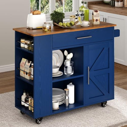 4 EVER WINNER 39" Rolling Kitchen Island with Storage and Drawer, Farmhouse Kitchen Island on Wheels with 3-Tier Spice Rack, Adjustable Shelf & Towel Rack, Mobile Kitchen Cart for Small Space, Blue - style: BLUE