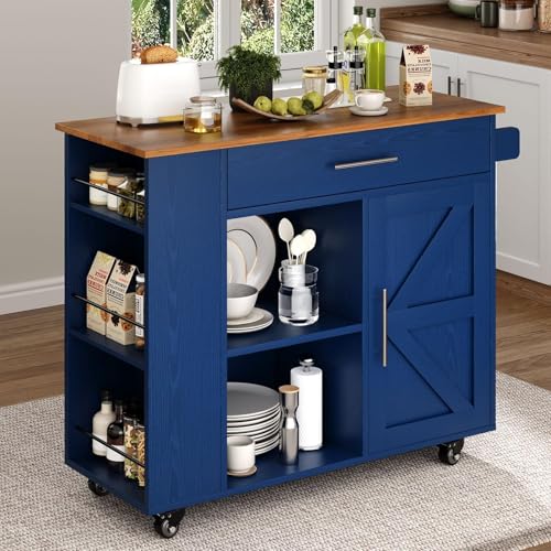 4 EVER WINNER 39" Rolling Kitchen Island with Storage and Drawer, Farmhouse Kitchen Island on Wheels with 3-Tier Spice Rack, Adjustable Shelf & Towel Rack, Mobile Kitchen Cart for Small Space, Blue - style: BLUE
