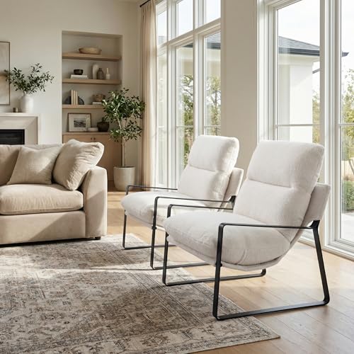 LukeAlon Modern Sherpa Accent Armchair, White | Sherpa Upholstered Living Room Chair With Metal Base & Thickened Cushion, Comfy Single Lounge Sofa for Bedroom, Office - color: Fur White