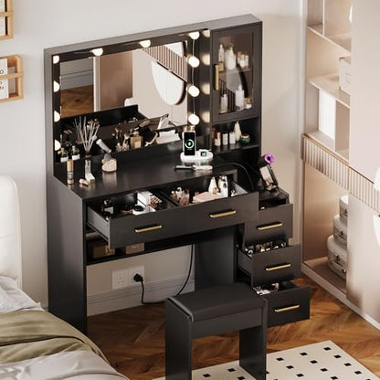 TOKSOM Makeup Vanity with Lights & Charging Station, Black Vanity Table with 5 Drawers & Open Storage Shelves, Bedroom Makeup Dressing Table Set for Women Girls Golden Handles - size: 35.4 inch, style: Modern Black