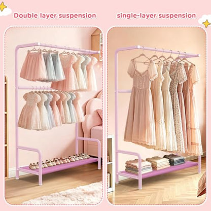 Kids Clothing Rack Double Rods for Bedroom Playroom Pink | Double Rod Design, Powder Coated Steel, Bottom Storage Shelf, for Baby Toddler Clothes, Dress Up, Nursery, Bedroom, Playroom - color: Pink