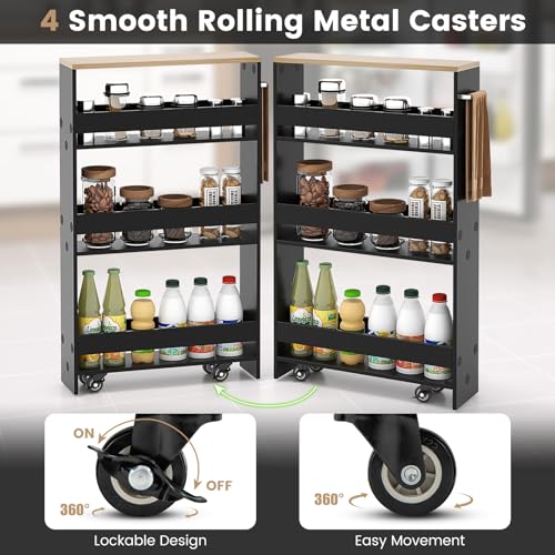 MAT EXPERT Slim Rolling Storage Cart, 4-Tier Freestanding Slim Storage Cart with Wheels 360 Degree & Metal Handle, Wooden Utility Cart for Narrow Kitchen, Laundry Room, Bathroom (Black + Natural) - color: Black + Natural