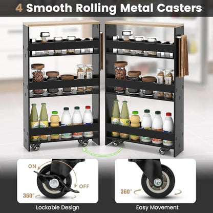 MAT EXPERT Slim Rolling Storage Cart, 4-Tier Freestanding Slim Storage Cart with Wheels 360 Degree & Metal Handle, Wooden Utility Cart for Narrow Kitchen, Laundry Room, Bathroom (Black + Natural) - color: Black + Natural